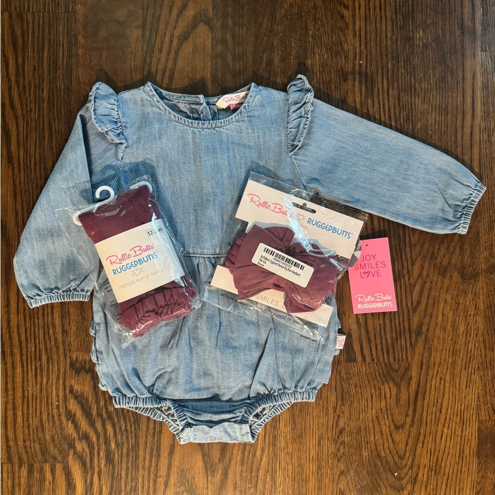 Ruffle Butts Long Sleeve Flutter Bubble Romper denim bundle with bow and tights